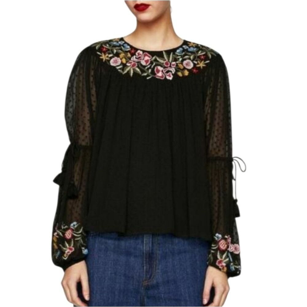 zara trafaluc embroidered peasant blouse black long sleeve size M